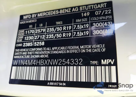 2022 Mercedes-Benz Glb 250 4Matic из США, поврежденный, VIN W1N4M4HBXNW254332